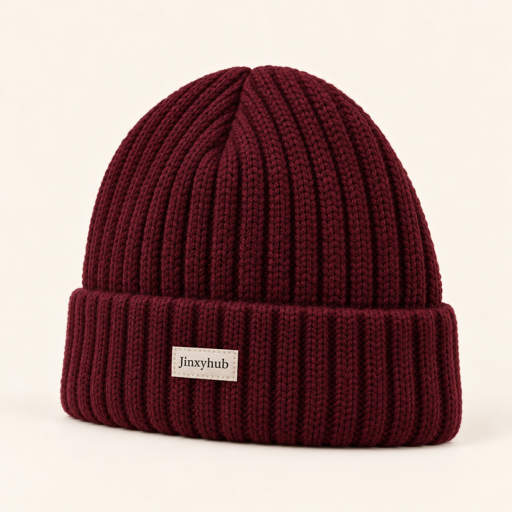 Jinxyhub Snowfall Ribbed Beanie in burgundy, alternate angle showing the same product and fabric details.