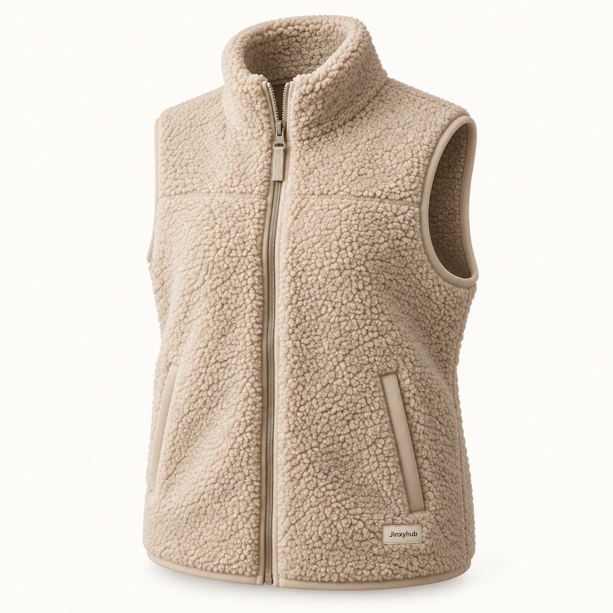 Jinxyhub Cloud Sherpa Zip Vest in sand, alternate angle showing the same product and fabric details.