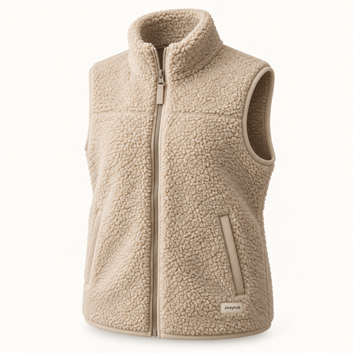 Jinxyhub Cloud Sherpa Zip Vest in sand, alternate angle showing the same product and fabric details.