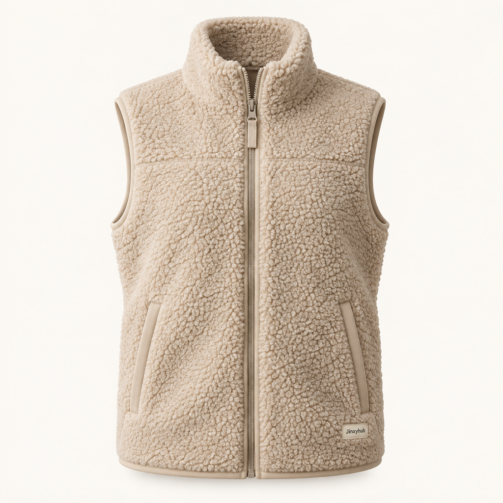 Jinxyhub Cloud Sherpa Zip Vest in sand, clean main product view.