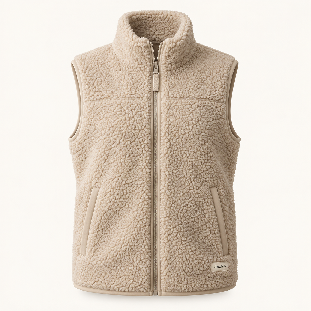 Jinxyhub Cloud Sherpa Zip Vest in sand, clean main product view.