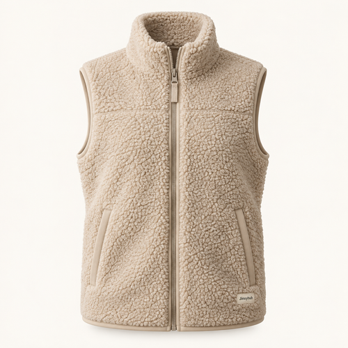 Jinxyhub Cloud Sherpa Zip Vest in sand, clean main product view.