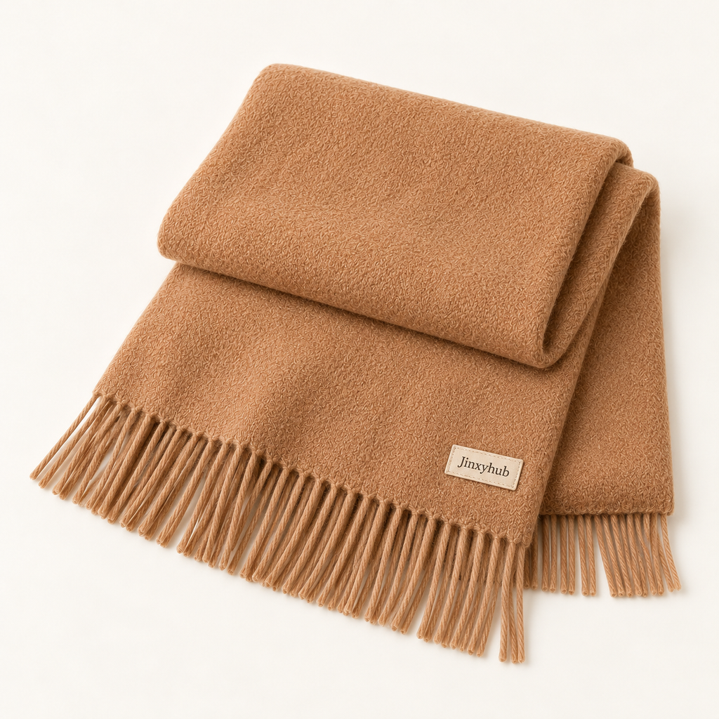 Jinxyhub Frostline Fringe Scarf in camel, alternate composition showing the same product and fringe details.
