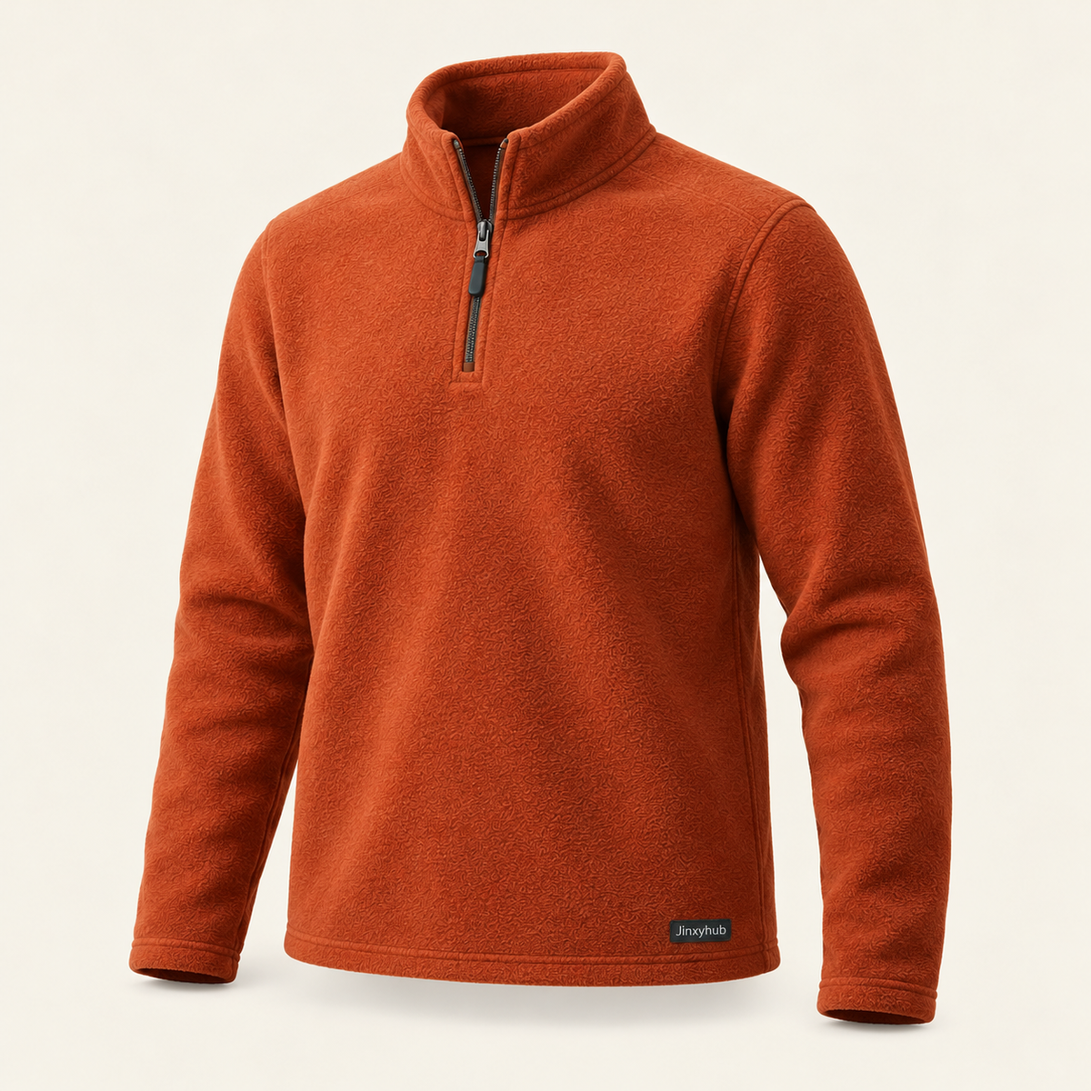 Jinxyhub Drift Fleece Quarter-Zip in rust, alternate angle showing the same product and fabric details.
