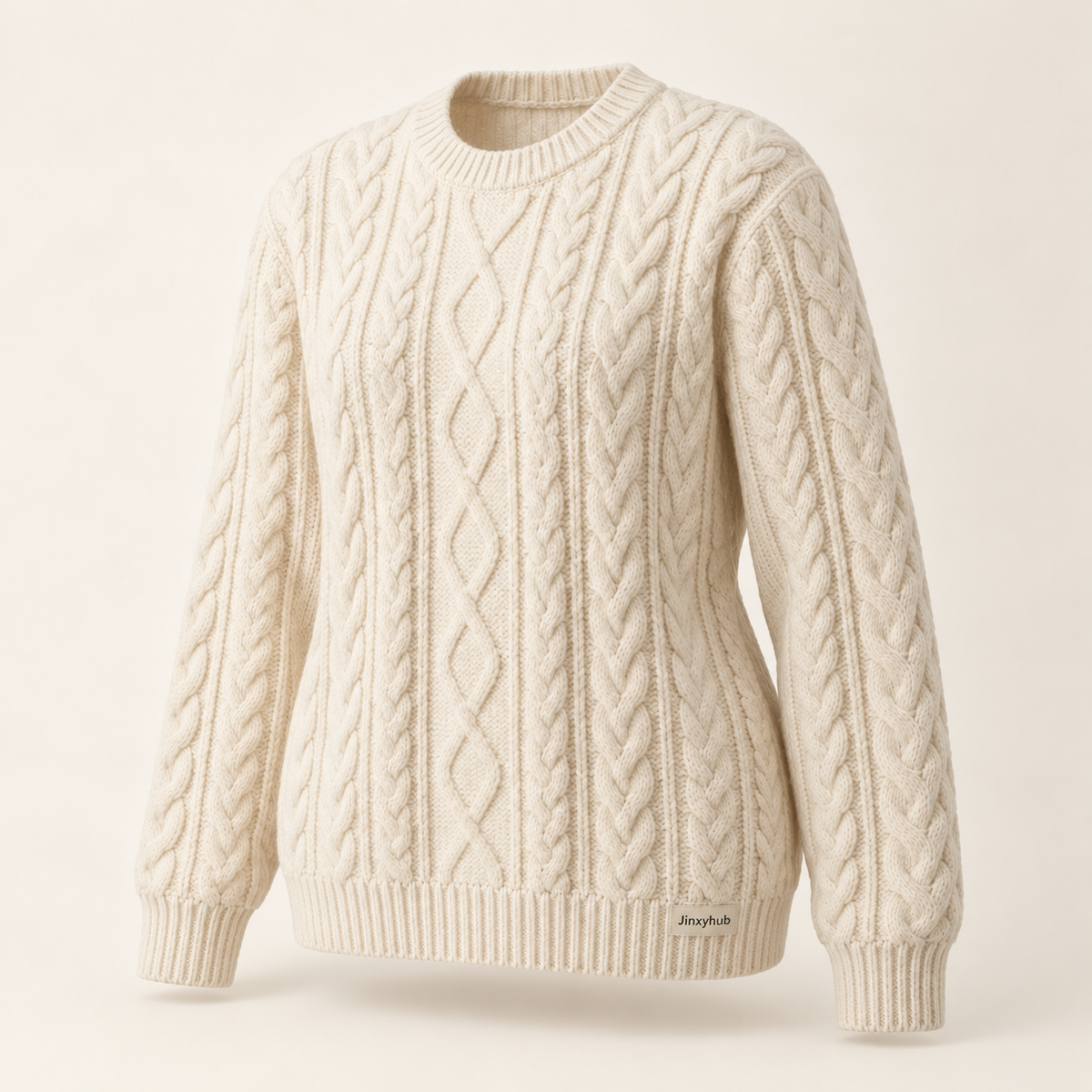 Jinxyhub Alpine Cable-Knit Sweater in ivory, alternate angle showing the same product and fabric details.