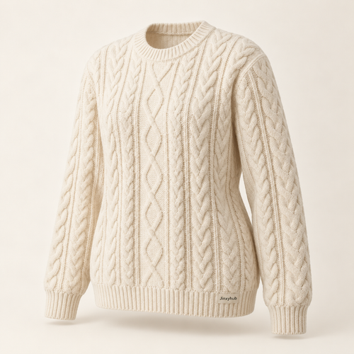 Jinxyhub Alpine Cable-Knit Sweater in ivory, alternate angle showing the same product and fabric details.