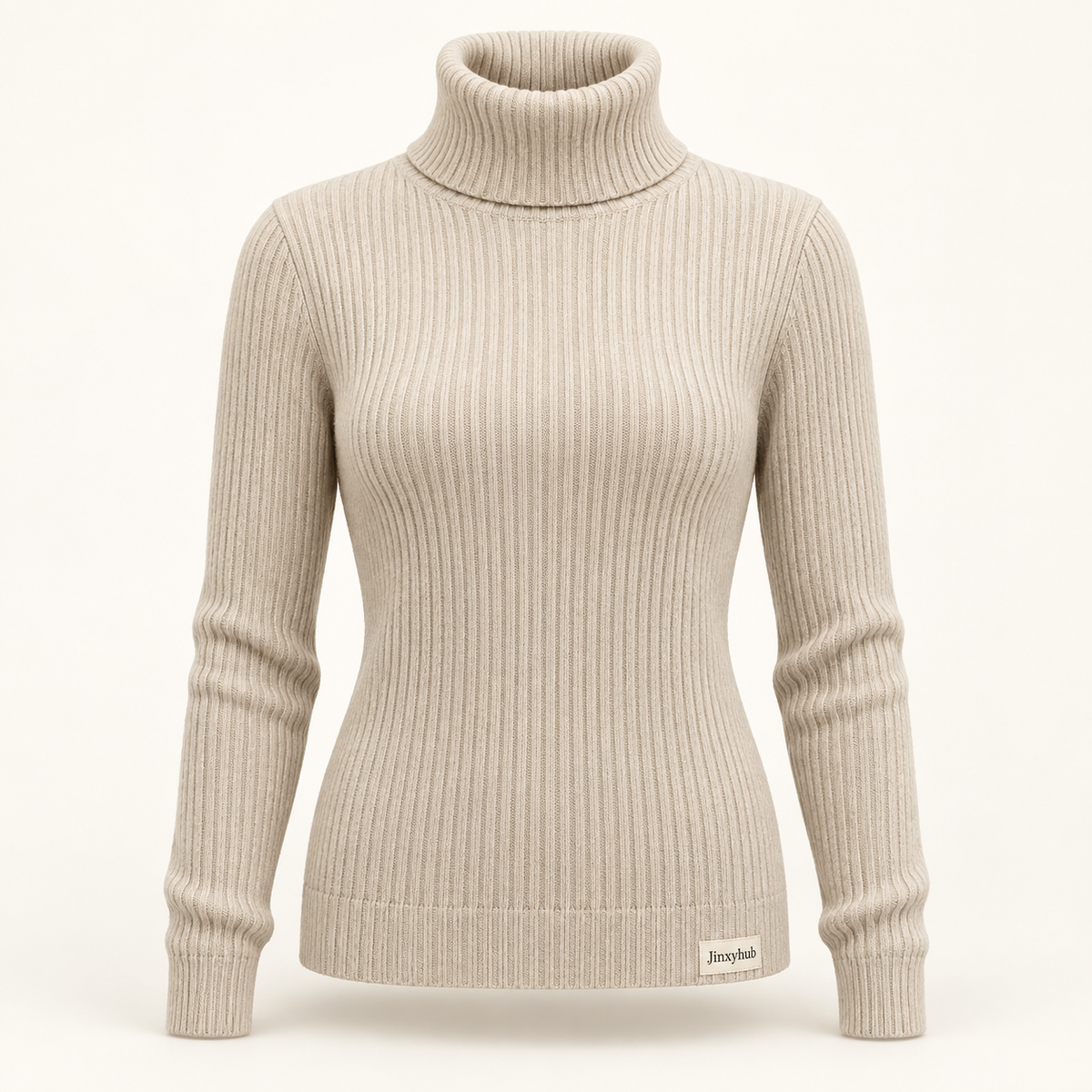 Jinxyhub Fireside Ribbed Turtleneck in oatmeal, clean main product view.