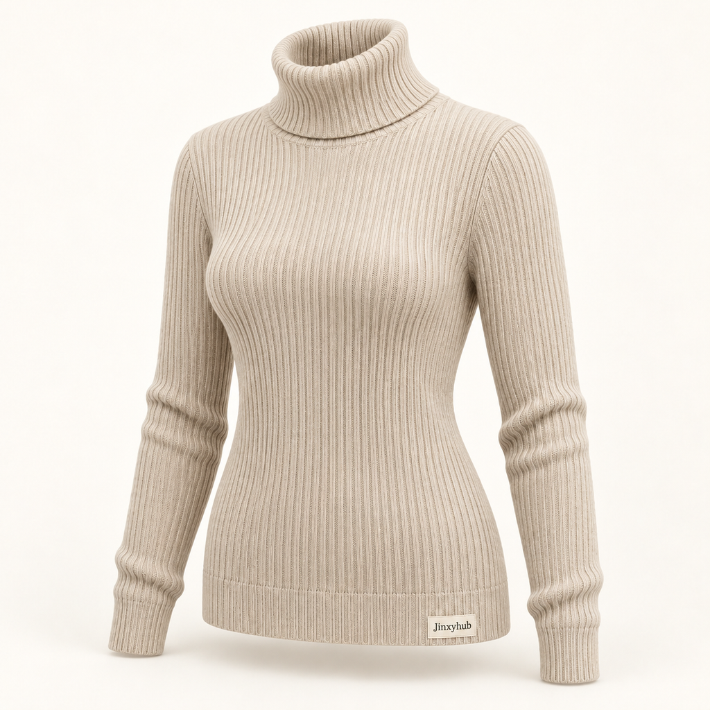 Jinxyhub Fireside Ribbed Turtleneck in oatmeal, alternate angle showing the same product and fabric details.