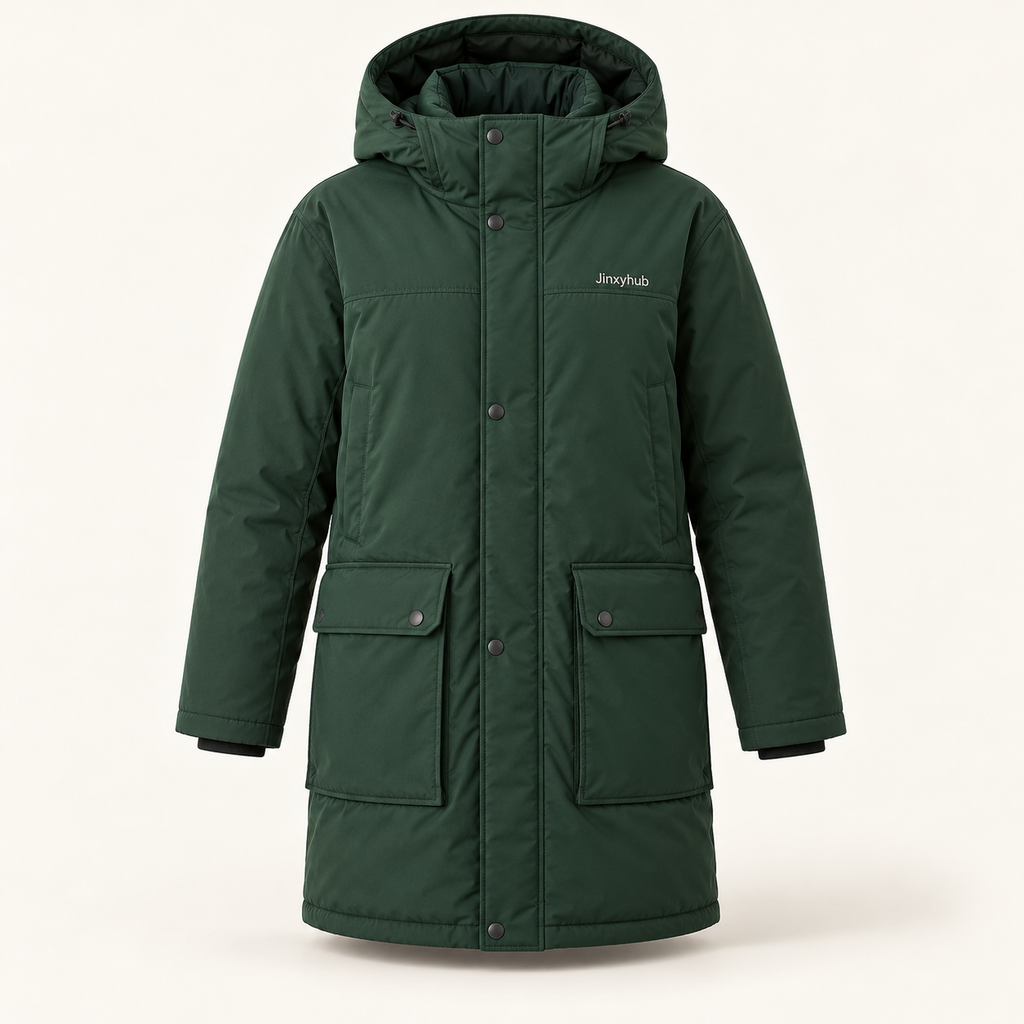 Jinxyhub Northline Long Winter Parka in forest green, clean main product view.