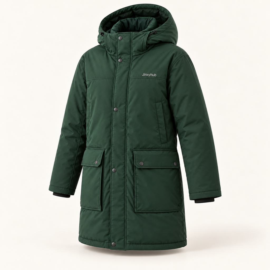 Jinxyhub Northline Long Winter Parka in forest green, alternate angle showing the same product and fabric details.