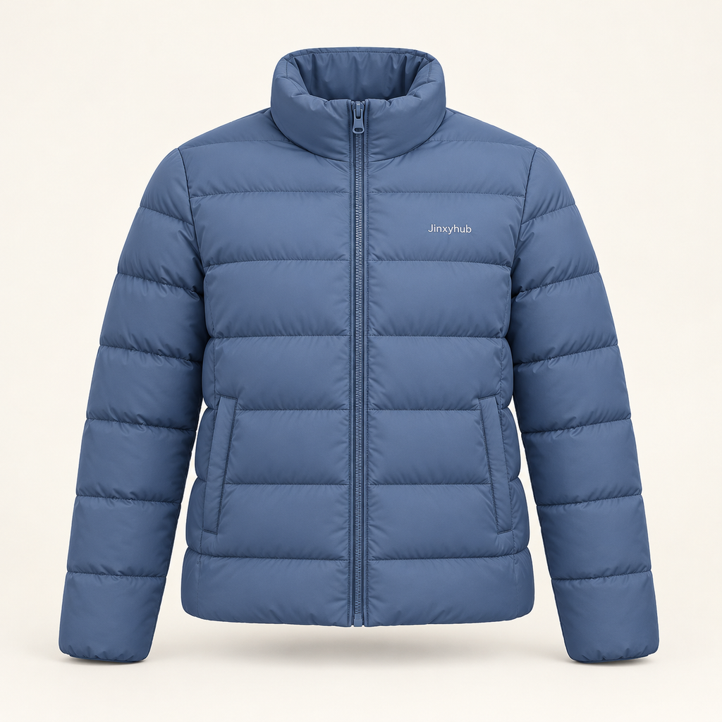 Jinxyhub Summit Quilted Puffer Jacket in slate blue, front view with stand collar, horizontal quilting and zip closure.