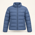 Jinxyhub Summit Quilted Puffer Jacket in slate blue, front view with stand collar, horizontal quilting and zip closure.