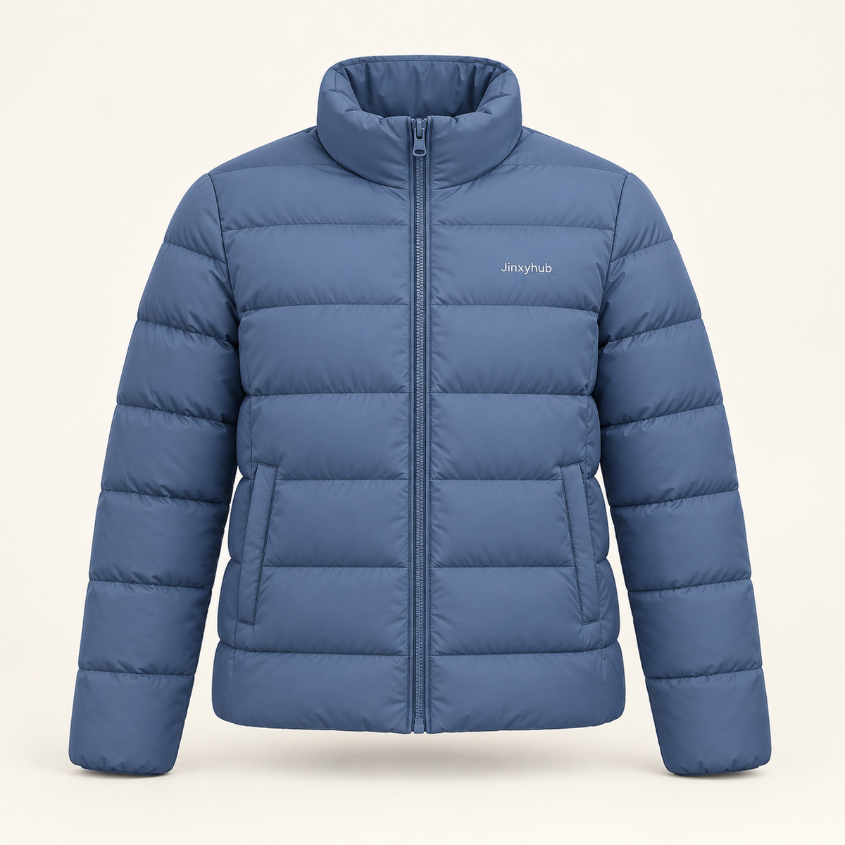 Jinxyhub Summit Quilted Puffer Jacket in slate blue, front view with stand collar, horizontal quilting and zip closure.